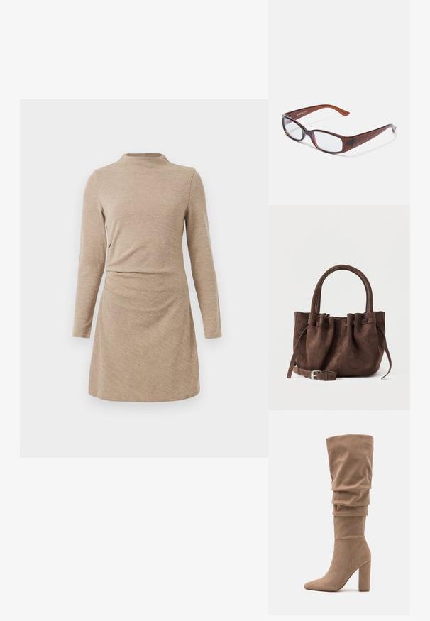 Robe à manches longues en tricot beige avec un col montant. Elle présente un détail froncé à la taille et une coupe droite qui tombe au-dessus du genou.; Anna Field by Zalando Bottes - beige; Lunettes rectangulaires teintées de brun avec une finition brillante, dotées de branches fines et de verres transparents. Logo visible sur la branche gauche.; Sac à main en daim marron avec le dessus froncé, double anses et bandoulière amovible avec boucle en argent, présenté sur un fond uni.