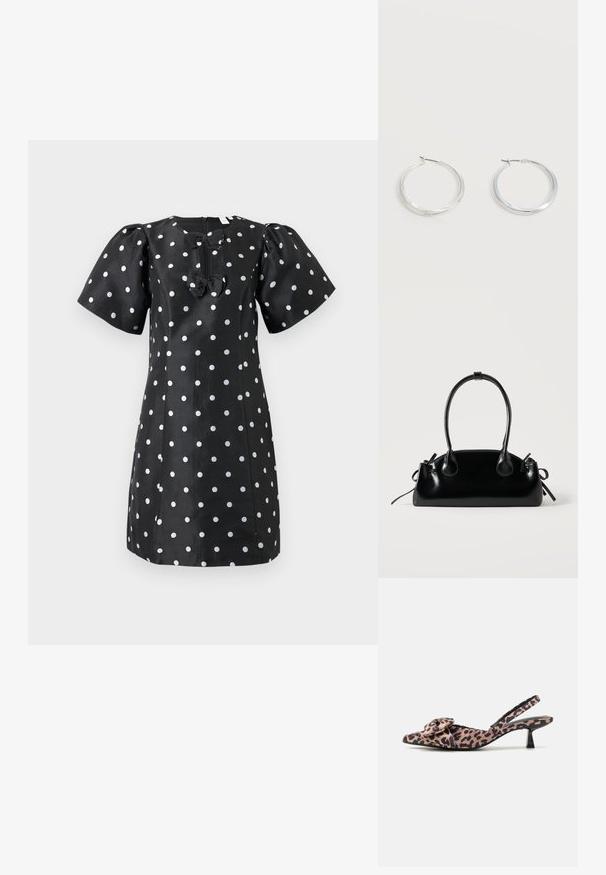 Zwart jurk met korte pofmouwen, witte stippen en twee strikjes aan de voorkant. Gemaakt van een soepele stof met een ronde hals en een ritssluiting.; Puntige slingback hakken in panterprint stof met een strikaccent, voorzien van een lage zwarte hak en een soepele textuur.; Kleine zwarte glanzende handtas met twee lange hengsels en zijkant trekkoord details op een effen lichte achtergrond.; Zilverkleurige metalen creolen oorbellen met een glad, licht gebogen oppervlak en sluitingen met haaksluiting op een effen witte achtergrond.