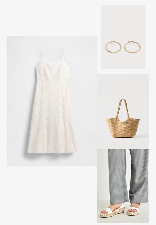 Robe blanche longueur genou avec fines bretelles, broderies florales et détails découpés. Confectionnée dans un tissu léger avec une silhouette fluide.; Sandales compensées blanches avec une semelle en espadrille tissée, dotées d'une bride supérieure lisse et d'un subtil détail métallique au niveau du talon. Pantalons à rayures gris visibles.; Sac cabas en paille tressée avec large base, poignées tressées et couleur beige naturel sur fond blanc uni.; Paire de boucles d'oreilles créoles en or de taille moyenne avec un design texturé et perlé sur un fond clair uni.