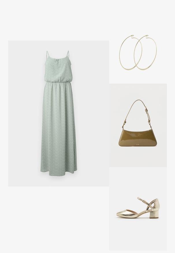 Maxi jurk in lichtgroen, gemaakt van zachte stof met een stippenpatroon, met dunne bandjes en een elastische taille voor een vloeiende silhouet.; Gouden metallic hakken met een ronde neus, enkelband en blokk Hak. Gladde textuur met een glanzende afwerking en een kruisbandontwerp.; Kleine schoudertas van olijfgroen lakleer met verstelbare band en gouden ALDO-logo aan de voorkant.; Pilgrim Oorbellen - gold-coloured