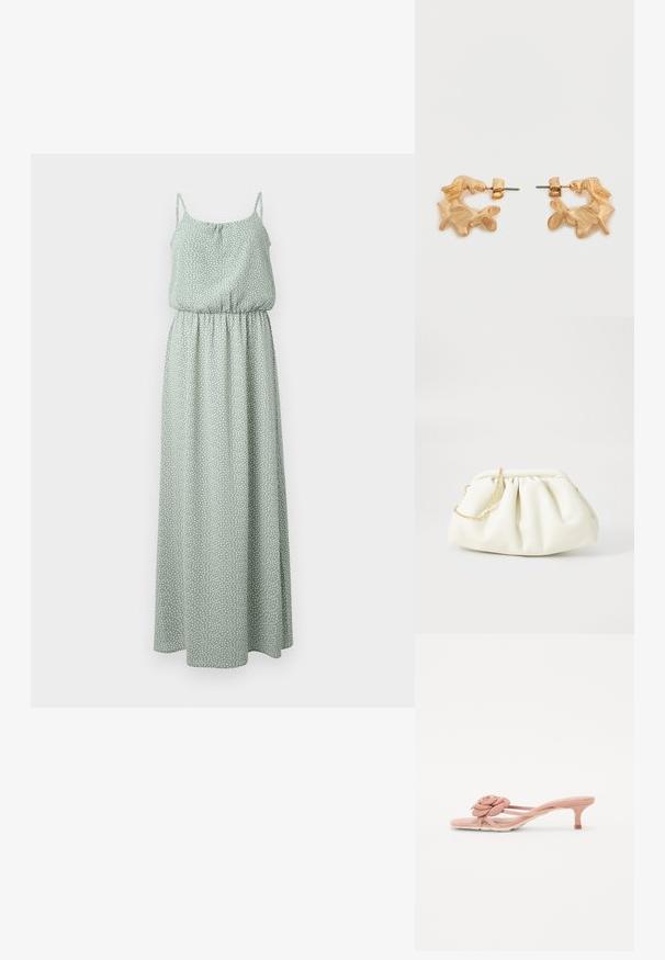 Vestido maxi en verde claro, hecho de una tela suave con un patrón de lunares, con tirantes finos y cintura elástica para una silueta fluida.; Chanclas de color rosa claro con un detalle texturizado de flor en la tira y un tacón pequeño. Material suave y diseño abierto.; Bolso de mano de cuero blanco con un diseño recogido, cuenta con una cadena dorada y forma redondeada. Textura suave con pliegues suaves y sin patrones.; Pendientes de tono dorado con una forma abstracta y orgánica, que presentan una superficie texturizada y un cierre de poste trasero.