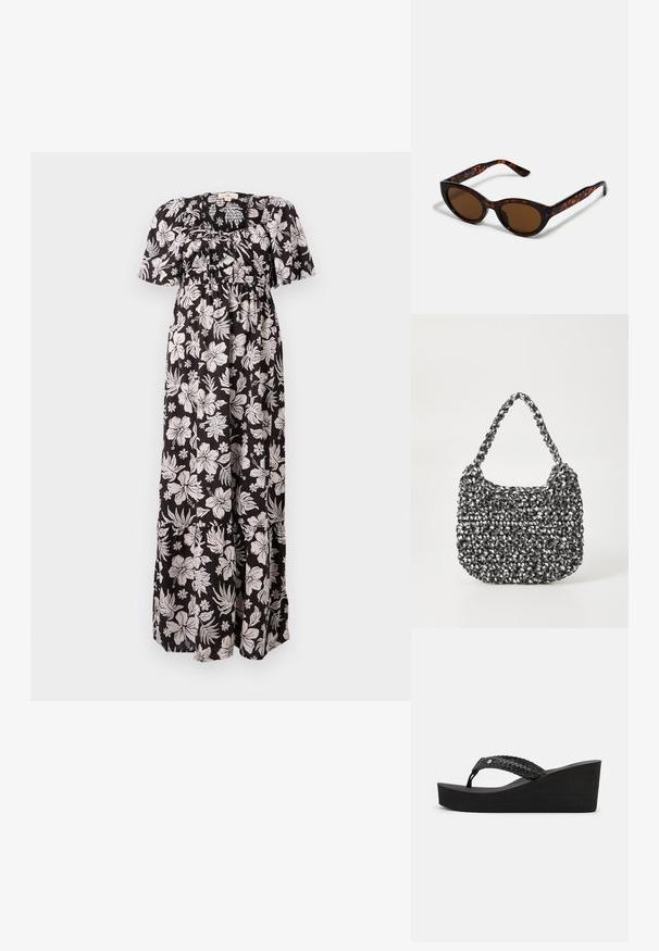 Schwarzes Blumenkleid mit weißen Pflanzenmustern, ausgestattet mit kurzen Puffärmeln, einem gerafften Ausschnitt und einer fließenden, knöchellangen Silhouette.; Schwarze Keilsandalen mit einem gewobenen Riemendesign, das eine strukturierte Oberfläche bietet und eine bequeme Plattform hat. Keine sichtbaren Marken oder Verzierungen.; Braune Schildpatt-Sonnenbrille mit einer Vintage-Cat-Eye-Form und braunen Gläsern. Verfügt über gebogene Bügel mit roten Akzenten.; Gewebte Handtasche in Schwarz und Weiß mit runder Form, strukturiertem Oberflächenfinish und geflochtener Grifffläche. Geeignet für den lässigen Gebrauch.