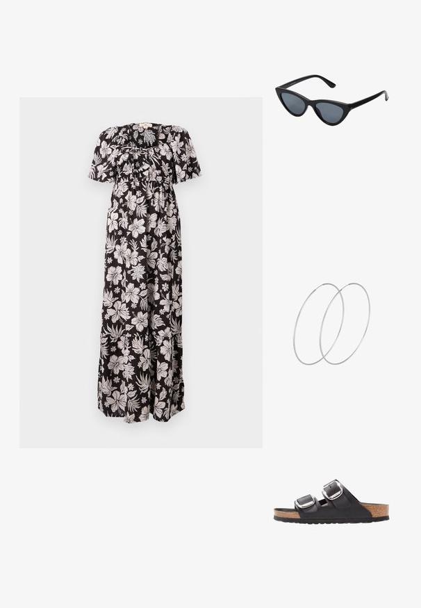 Schwarzes Blumenkleid mit weißen Pflanzenmustern, ausgestattet mit kurzen Puffärmeln, einem gerafften Ausschnitt und einer fließenden, knöchellangen Silhouette.; Schwarze Sandale mit zwei verstellbaren Riemen, silbernen Schnallen und einem Korkfußbett auf einer strukturierten schwarzen Gummisohle.; Schwarze Cat-Eye-Sonnenbrille mit dunkelgrauen Gläsern, schlankem Kunststoffrahmen, spitzen Ecken und geraden Bügeln. Keine sichtbaren Befestigungen oder Akzente.; Silberne Creolen mit minimalistischem Design. Rundform, glatte Oberfläche und dünnes Profil. Leichtgewichtig mit hochglänzender Oberfläche.