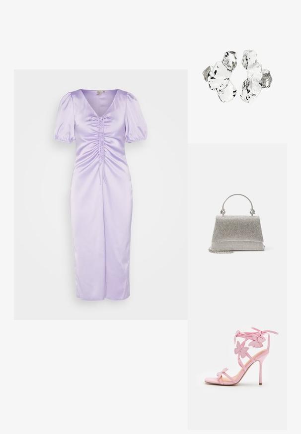YAS ZURA DRAWSTRING DRESS - Kokteilikleit/peokleit - purple; Roosa kõrge kontsaga sandaal, millel on liblikamotiivid, valmistatud siledast materjalist. Omab peeneid rihmasid ja sale konts.; ALDO FELISIA - Käekott - silver-coloured; Kuus ebaühtlaselt kujundatud läbipaistvat ja peegeldavat klaasitaolist tükki, paigutatud valgele taustale.