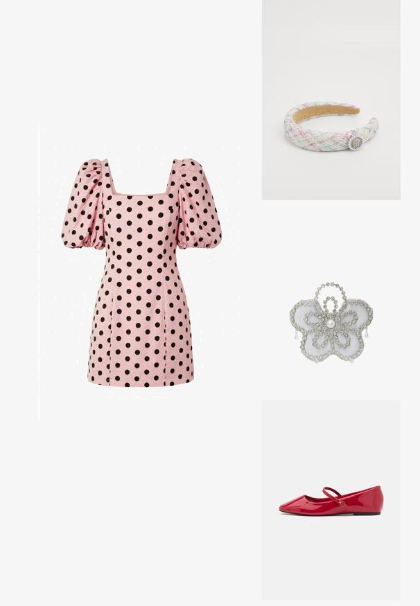 Vaaleanpunainen minimekko, jossa isoja mustia pilkkuja, neliönmuotoinen pääntie ja liehuläppähihat.; Punaiset patenttinahkaiset ballerinat, joissa on terävä kärki, nilkkahihna ja pieni pyöreä koriste hihnassa. Tasapohja ja sileä pinta.; Kukka-muotoinen koru, jossa on satiinimainen harmaa pohja, koristeltu kirkkailla rhinestoneilla ja keskellä helmellä; sisältää kristallilaskoksia.; Kudottu kangaspanta, joka esittelee moniväristä kuviota, tekstuuripintaa ja koristeellista pyöreää koristeelementtiä, jossa on helmiä.