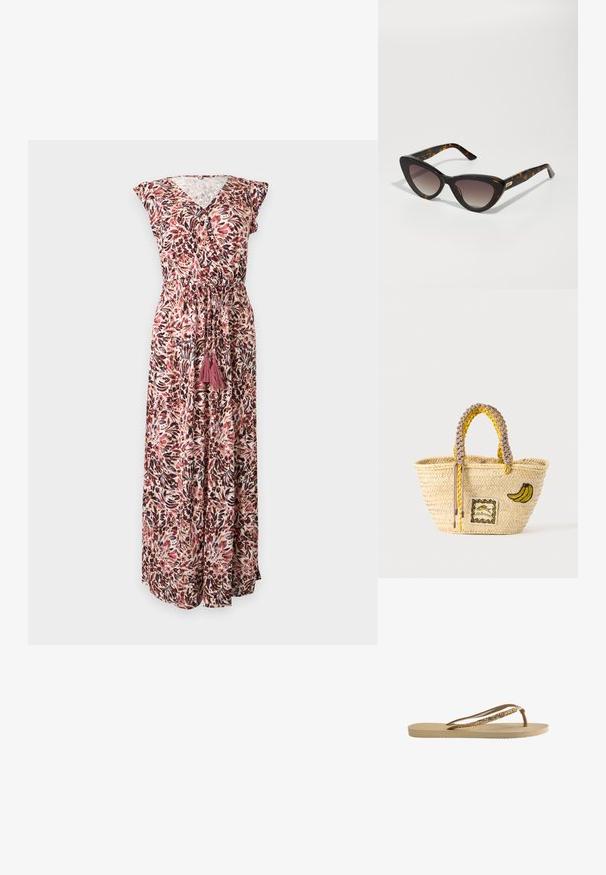 Vestido maxi sin mangas con patrón floral, escote en V y cintura con cordón que presenta dos borlas rosas, en tonos rosa, marrón y crema.; Chanclas con una suela texturizada beige, finas tiras marrones y acentos de purpurina dorada. Diseño ligero adecuado para uso casual.; Gafas de sol estilo ojo de gato con un patrón de carey, lentes oscuros y degradados, y varillas delgadas que presentan un pequeño acento metálico.; Bolso tote de paja tejido con asas trenzadas amarillas y beige, decorado con un parche de plátano y un pequeño diseño de pez enmarcado en la parte delantera.