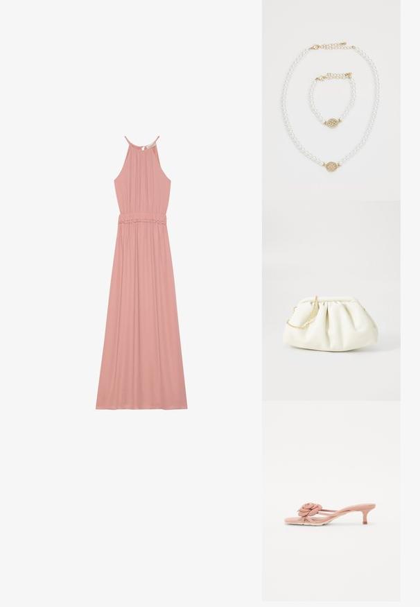 Vestido rosa claro con cuello halter, cuerpo plisado y cintura elástica. La tela es suave con una falda fluida y detalle de dobladillo con volantes.; Chanclas de color rosa claro con un detalle texturizado de flor en la tira y un tacón pequeño. Material suave y diseño abierto.; Bolso de mano de cuero blanco con un diseño recogido, cuenta con una cadena dorada y forma redondeada. Textura suave con pliegues suaves y sin patrones.; Collar de perlas y pulsera a juego con cierres de oro y un charm redondo de oro decorado con pequeños cristales sobre un fondo blanco.