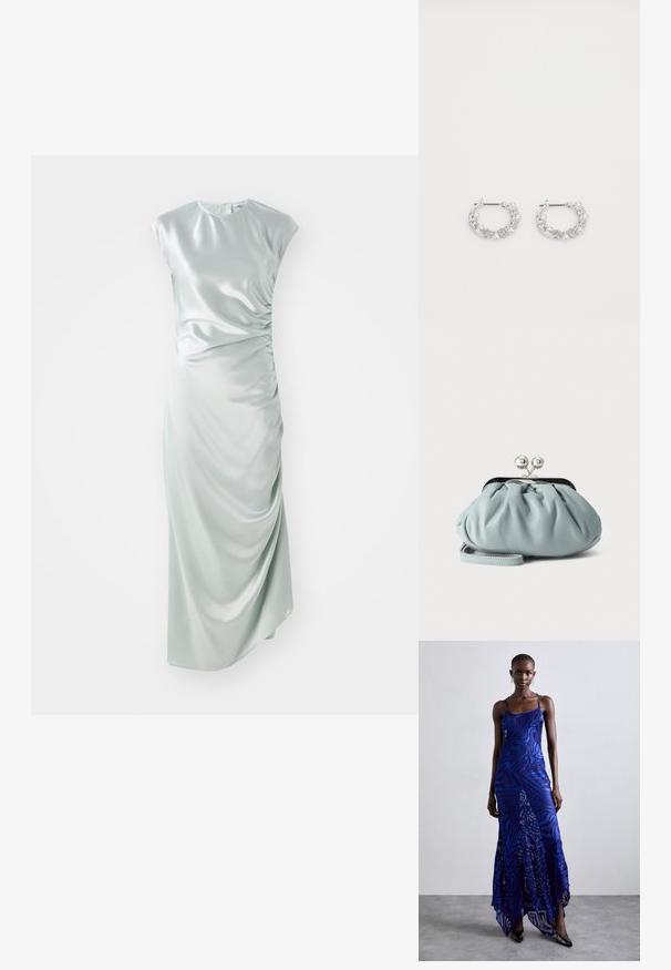 Satin midi-jurk in lichtgroen, met kapmouwen, een ronde halslijn, zijdelingse plooidetails en een aansluitende silhouet.; Blauwe en paarse dierenprint maxi jurk met dunne bandjes, een getailleerd bovenlijf, uitlopende zoom en een doorschijnende overlaydetail.; Kleine lichtblauwe leren muntenportemonnee met zilverkleurige metalen kiss-lock sluiting en kort polsbandje op een effen achtergrond.; Zilveren oorringen met parel- en kristalaccenten, met een gestructureerd oppervlak en een veilige postsluiting.