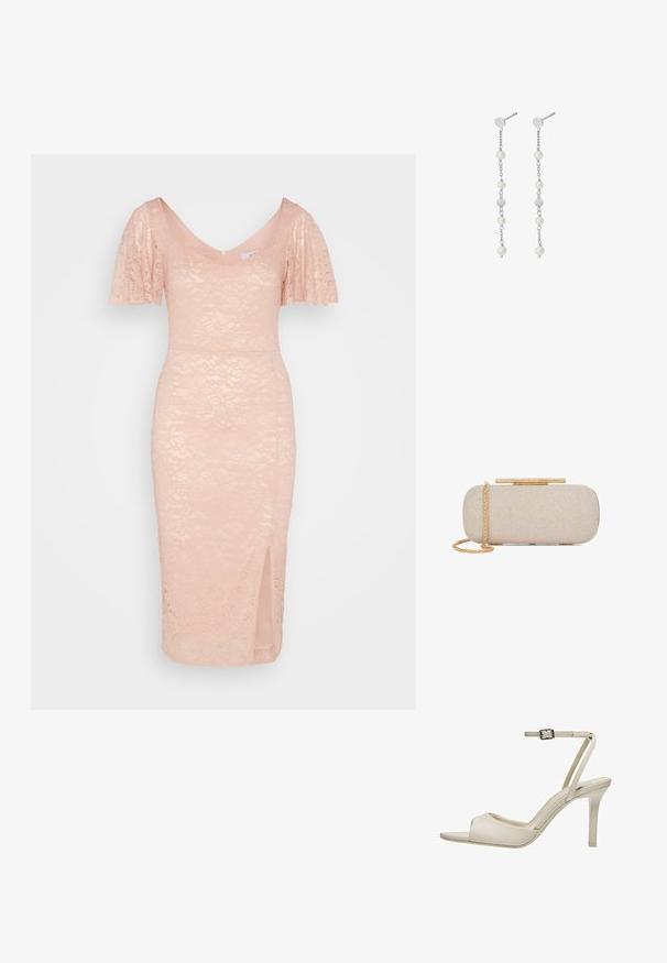 WAL G. MIDI DRESS - Robe de soirée - light pink; Sandale à talon haut beige avec bout ouvert, fine bride à la cheville et fermeture à boucle, vue de profil sur fond blanc.; Pochette rectangulaire beige texturée avec bandoulière chaîne dorée et fermoir doré orné de strass sur fond blanc.; Boucles d'oreilles pendantes en chaîne argentée ornées de cinq perles blanches rondes réparties uniformément sur chaque boucle, maintenues par une petite puce circulaire.