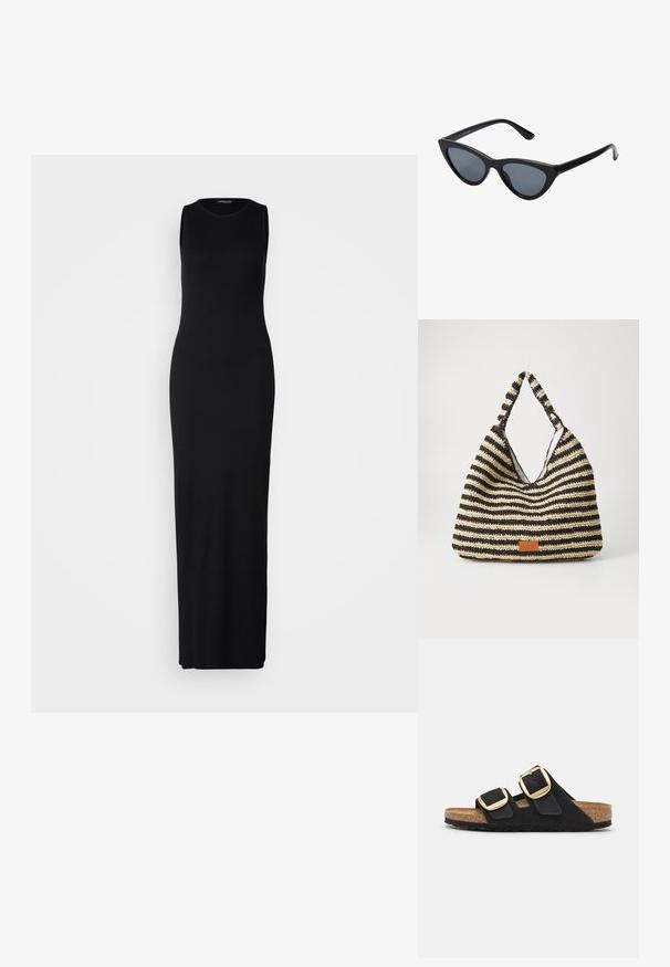 Vestido maxi negro sin mangas hecho de una tela suave y elástica. Presenta un escote redondo y una silueta ajustada que llega hasta los tobillos.; Sandalias deslizantes de ante negro con dos correas anchas, cada una con una gran hebilla dorada, y una plantilla de corcho natural con una suela de goma texturizada.; Gafas de sol negras en forma de ojo de gato con lentes gris oscuro, marco de plástico elegante, esquinas puntiagudas y patillas rectas. Sin herrajes ni acentos visibles.; Bolsa tejida a rayas en negro y beige, con un diseño holgado, superficie texturizada y un pequeño parche de cuero.