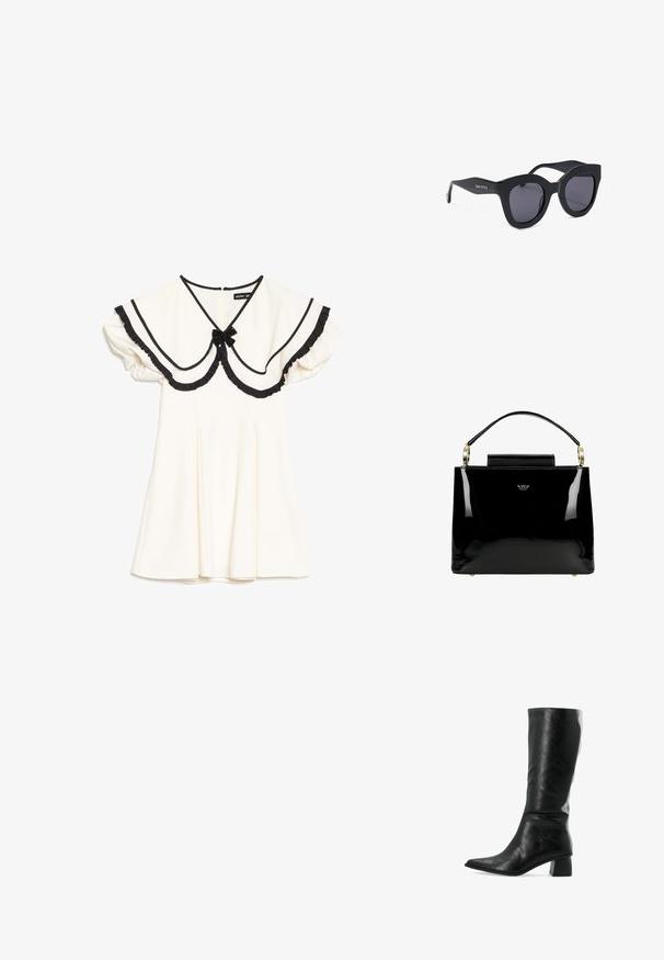 Robe crème avec col oversize bordé de noir, bords à volants noirs, manches courtes bouffantes et petit nœud noir au niveau de l'encolure.; Botte en cuir noir hauteur genou avec un bout pointu et une surface texturée. Présente un talon carré et un design ajusté et élégant.; Lunettes de soleil noires oversize forme œil de chat avec verres foncés et marquage "Gino Rossi" sur les branches, présentées sur fond blanc.; Sac à main en cuir verni noir avec un design structuré, comportant une poignée supérieure, des accents en métal doré et un petit rabat à l'avant.