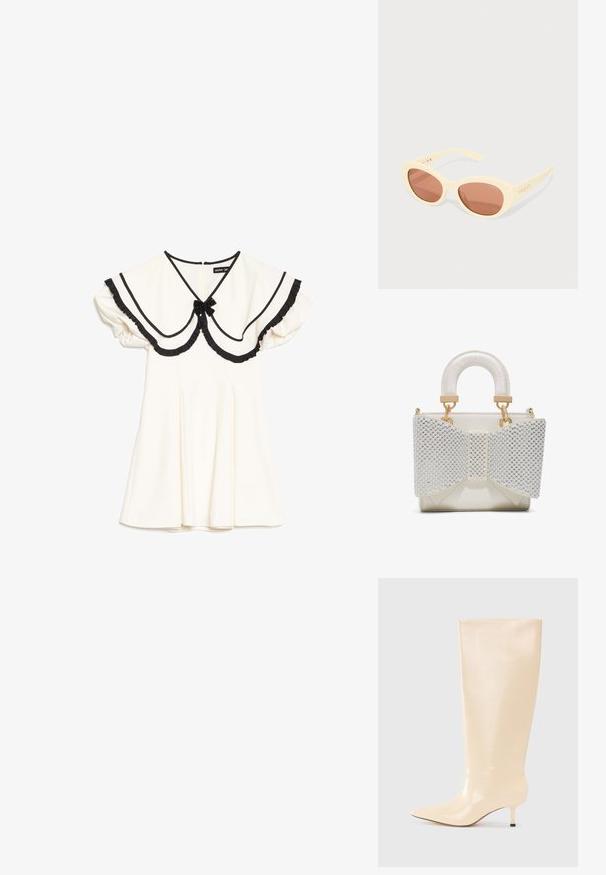 Robe crème avec col oversize bordé de noir, bords à volants noirs, manches courtes bouffantes et petit nœud noir au niveau de l'encolure.; Botte en cuir beige à hauteur de genoux avec une finition lisse et élégante, un bout pointu et un talon bas et élancé. Présente un design minimaliste sans accents visibles.; Lunettes de soleil avec une monture jaune pâle, verres ovales teintés de brun, et logo "vogue" imprimé sur les branches. Texture lisse, design contemporain.; Petit sac à main blanc avec poignée rembourrée et grand nœud avant orné de perles argentées et d'accents en métal doré.