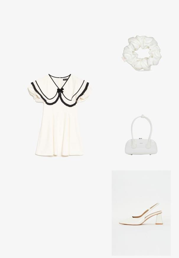 Crèmekleurige jurk met een oversized kraag afgezet met zwart, zwarte ruches aan de randen, korte pofmouwen en een kleine zwarte strik bij de halslijn.; Witte patenten leren slingback schoen met een spitse neus en een geometrische blokhak. Het interieur heeft een tan kleurige inlegzool en minimale zijsnedes.; Witte handtas van lakleer met dubbele afgeronde handvatten, zilverkleurige ritsluiting en subtiel "estro"-logo aan de voorkant.; Witte satijnen scrunchie met een textuur, geplooid ontwerp, met een naadloze cirkelvorm en een klein label bevestigd.