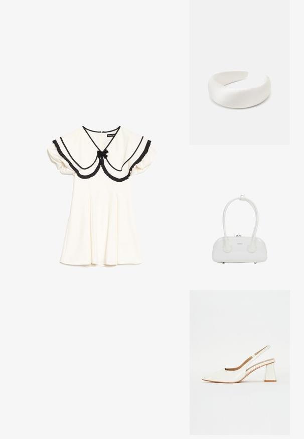 Robe crème avec col oversize bordé de noir, bords à volants noirs, manches courtes bouffantes et petit nœud noir au niveau de l'encolure.; Chaussure slingback en cuir verni blanc avec un bout pointu et un talon bloc géométrique. L'intérieur présente une semelle intérieure beige et des découpes latérales minimalistes.; Sac à main en cuir verni blanc avec poignées doubles arrondies, fermeture éclair argentée et logo discret "estro" sur le devant.; Loeffler Randall BELLAMY OVERSIZE HEADBAND - Accessoires cheveux - cream