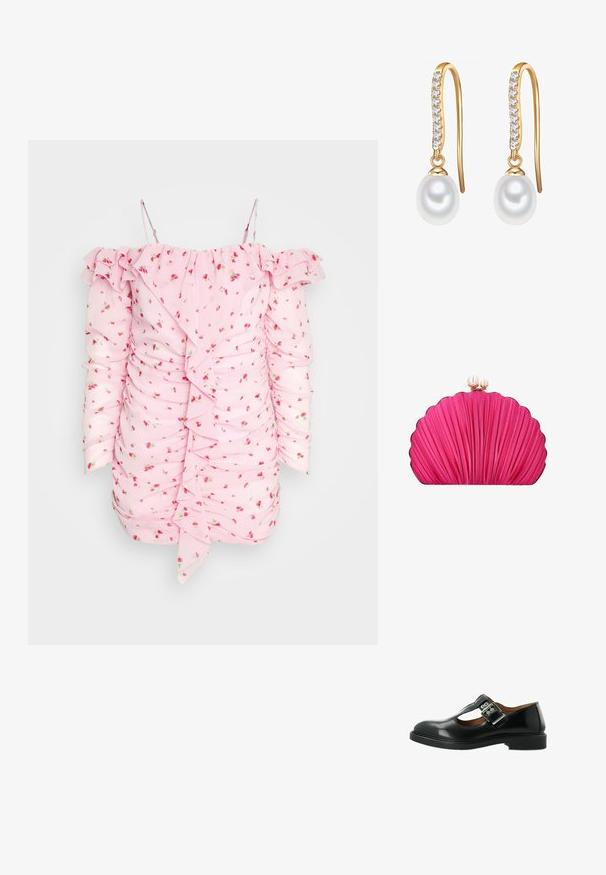 Cras SAVANNA DRESS - Cocktailkleid/festliches Kleid - blooming pink; Schwarze Leder-Mary-Jane-Schuhe mit einem T-Riemen, silbernem Schnallen-Detail, abgerundeter Zehenpartie und flacher Sohle. Glatte Textur mit polierter Oberfläche.; Knallpinke, muschelförmige Clutch mit plissierter Textur und goldenem Verschluss, besetzt mit zwei perlenartigen Perlen.; Goldfarbene Ohrringe mit einem geschwungenen Haken-Design, verziert mit kleinen klaren Steinen und einer einzelnen weißen Perle am unteren Ende.