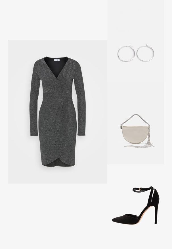 WAL G. PARTY CHRISSY GLITTER DRESS - Jerseykjole - silver; Sorte ruskind højhælede sko med spids tå, ankelrem og stiletto hæl. Designet har en glat tekstur med minimal detaljer.; Halvmåne clutch taske i beige satin med en glitrende sølv kædestrop og frynse detaljer. Glat tekstur med minimalistisk design.; sweet deluxe EARRING - Øreringe - silver-coloured