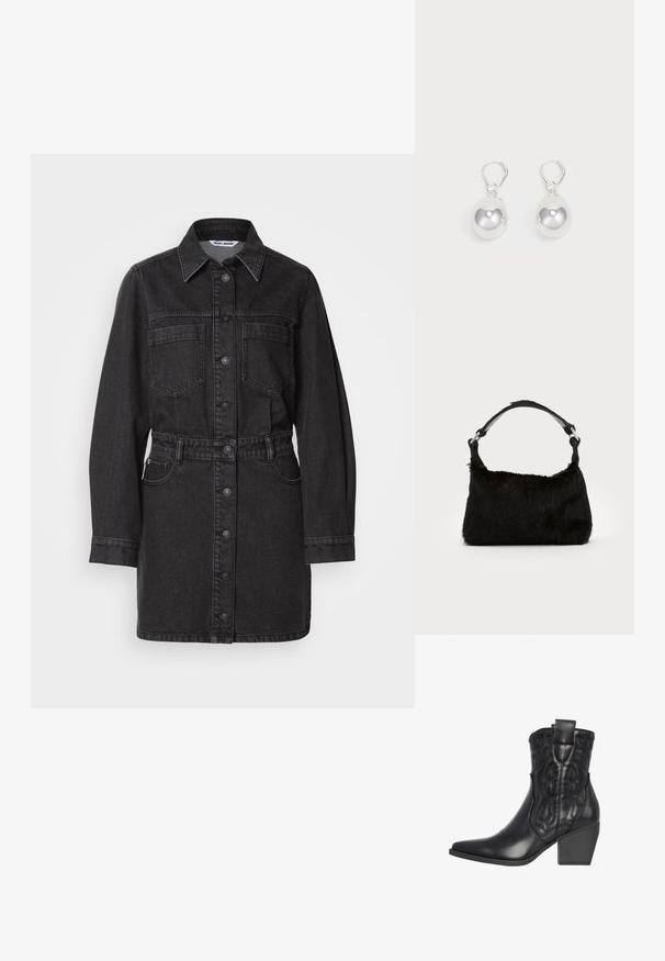 Zwart denim jurk met een knoopsluiting aan de voorkant, kraag, twee borstzakken en een ceintuur om de taille. Lange mouwen met knoopmanchetten.; Zwarte leren cowboylaars met een spitse neus, geperste sterren- en bloemenpatronen, en een stevige hak voor stabiliteit. Voorzien van treklussen voor gemakkelijk aan- en uittrekken.; Zwarte neplederen handtas met een zachte textuur, ronde vorm en een stevige zwartleren schouderband. Zilveren hardwareaccenten zichtbaar.; Zilveren druppeloorbellen met gladde, ronde, reflecterende oppervlakken die hangen aan klapring-sluitingen. Achtergrond is puur wit.