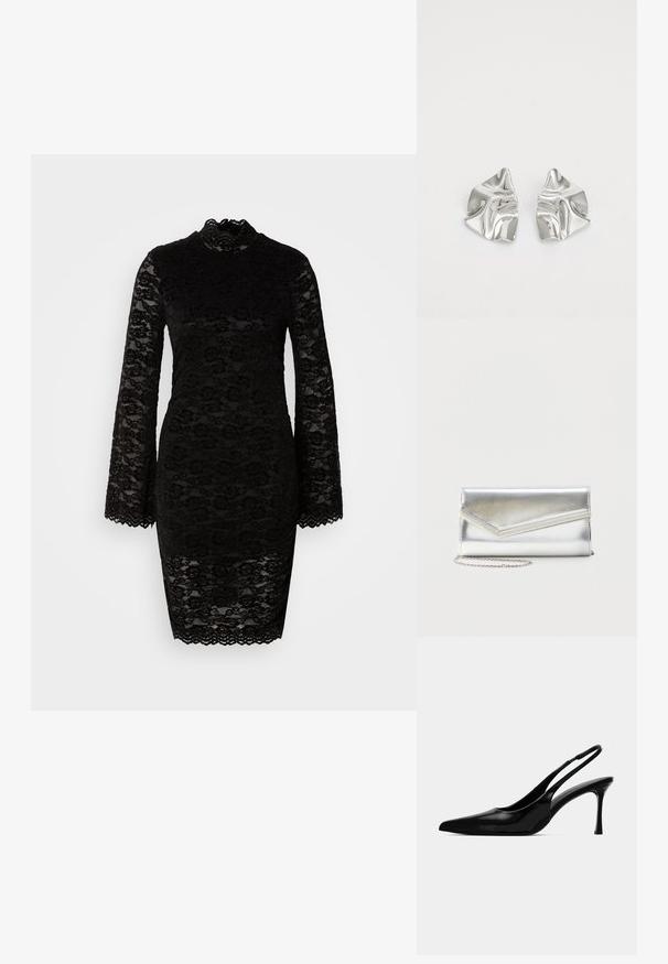 Vestido de encaje negro con mangas largas acampanadas, cuello alto, patrón floral y dobladillo ondulado. La tela es semi-translúcida, destacando la textura.; Tacón slingback de charol negro con punta afilada, diseño elegante y tacón stiletto estrecho. Textura suave, adornos minimalistas.; Bolso clutch plateado brillante con solapa de estilo sobre y adorno decorativo, pequeña correa de cadena plateada, sobre fondo liso claro.; Pendientes de metal plateado con un diseño ondulado y escultórico, que presentan un acabado pulido y formas irregulares, destacando una estética contemporánea.
