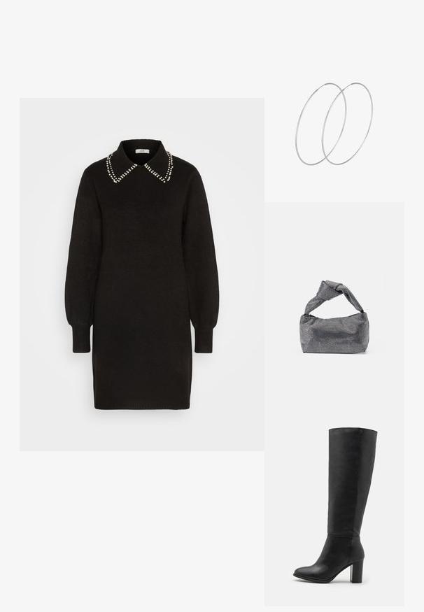 Schwarzes Strickkleid mit kragenförmigem Ausschnitt, verziert mit Perlenakzenten entlang des Kragens. Lange Puffärmel und gerippte Bündchen. Weicher Stoff.; Schwarze kniehohe Stiefel aus glattem Leder, mit einem stabilen Absatz und runder Zehenpartie. Minimalistisches Design ohne sichtbare Hardware oder Dekorationen.; Schwarz-silberne Handtasche mit einer strukturierten Oberfläche, die ein Diamantmuster aufweist, einem geknoteten Griff und einer strukturierten Form.; Silberne Creolen mit minimalistischem Design. Rundform, glatte Oberfläche und dünnes Profil. Leichtgewichtig mit hochglänzender Oberfläche.
