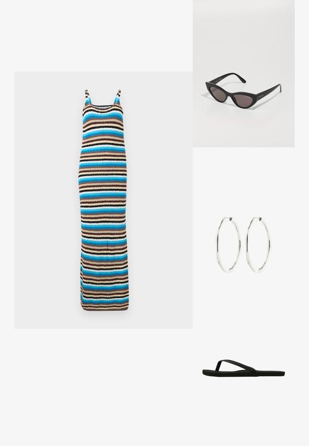 Vestido largo de punto sin mangas con rayas horizontales en tonos azules, marrones, beige y negro sobre un fondo claro.; Chancla negra con una correa texturizada y suela plana. La correa presenta un brillo sutil. Diseño simple, ligera y forma flexible.; Gafas de sol de ojo de gato con un marco negro mate y lentes oscuros, que presentan la marca "vogue" en el lateral y una forma angular distintiva.; Par de pendientes de aro ovalados en tono plateado con una forma ligeramente irregular y ondulada, con cierres de bisagra sobre un fondo blanco.