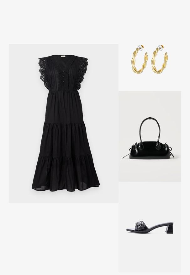 Robe en coton noir avec un design à volants, accents en œillets festonnés sur les manches, fermeture à boutons sur le devant et coupe décontractée.; Mule noire à bout ouvert avec talon bloc bas et large bride ornée d'une boucle argentée et de détails à œillets, vue de côté.; Petit sac à main noir brillant avec deux longues anses et des détails à cordon sur les côtés sur un fond clair uni.; Boucles d'oreilles créoles dorées torsadées avec une surface lisse, présentant un dos transparent et une quincaillerie dorée.