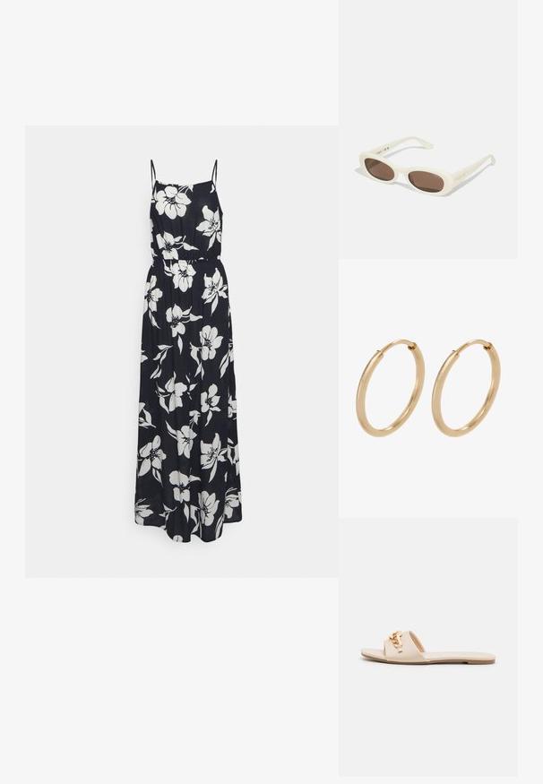 ONLY ONLFRIDA STRAP DRESS - Maxikjoler - night sky aop:sky flowers; Beige slidesandaletter med åben tå, flad sål og dekorative metallkædeaccenter på stroppen. Glat materiale med minimal tekstur.; Cremefarvede solbriller med ovale linser, brunt tonede, med en blank finish og subtil "Vogue" branding på siden.; Guldøreringe med en glat, poleret overflade. Rund form, mellemstor, med en sikker lukkemekanisme.