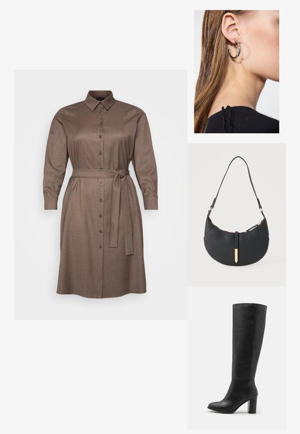 Robe chemise marron à boutons, avec des manches longues et une ceinture nouée à la taille. Fabriquée dans un tissu texturé avec un col et un ourlet droit.; Bottes noires jusqu'au genou en cuir lisse, dotées d'un talon épais et d'un bout arrondi. Design minimaliste sans quincaillerie ni décorations visibles.; Sac à main noir en forme de croissant avec une bandoulière unique, une fermeture éclair dorée et une languette décorative rectangulaire dorée à l'avant.; Boucle d'oreille en argent avec une finition polie, présentant de petits détails en or et de forme ronde, portée sur le lobe.