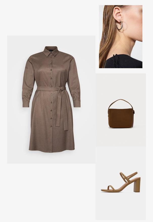 Vestido camisero marrón con botones, de mangas largas y cinturón de lazo en la cintura. Fabricado con una tela texturizada, con cuello y dobladillo recto.; Sandalias de tacón de color marrón claro con dos correas delgadas y un tacón cuadrado. Material suave con un diseño minimalista y un pequeño detalle de hebilla dorada.; Bolso de hombro rectangular marrón con un asa ancha y detalle de hebilla, sobre un fondo blanco liso.; Pendiente de aro de plata con un acabado pulido, que presenta pequeños detalles en dorado y una forma redonda, llevado en el lóbulo.