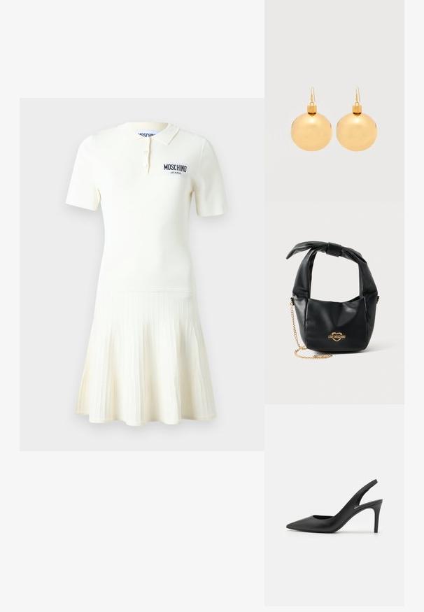 Hvid polo-kjole med korte ærmer, plisseret nederdel, krave og slå-om med tre knapper, med sort "Moschino Jeans" logo på brystet.; Sorte læder slingback høje hæle med spids tå-design, der har en udskæring fortil og en tynd stiletto-hæl.; Sort blød læder Love Moschino håndtaske med knyttet håndtag og guldkæde-strop på hvid baggrund.; Par af skinnende gyldne julekugleøreringe med krog-lukninger på en ensfarvet hvid baggrund.