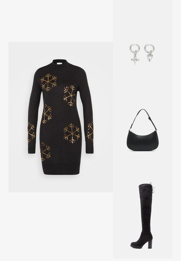 Robe pull en tricot noire avec un col montant, ornée de motifs en sequins dorés en forme de flocons de neige sur le devant et les manches.; Bottes noires au-dessus du genou en suede doux, avec un talon épais, une semelle plateforme et un détail en lacets en haut pour un ajustement réglable.; Pieces PCALUANA SHOULDER BAG - Sac à main - black; Boucles d'oreilles en argent en forme de cerceau avec un charme croix et cœur. Texture lisse et brillante avec une finition polie. Chaque charmepend d'une boucle sécurisée.