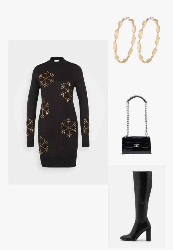 Sort strikket sweaterkjole med høj hals, prydet med guld farvede pailletter i snefnugsmønster over brystet og ærmerne.; Knæhøje sorte læderstøvler med spids tå og kraftig hæl. Glat tekstur med minimale detaljer og et tætsiddende skaftdesign.; Sort håndtaske i krokodilletekstureret læder med sølvfarvet drejelås og lang sølvkæde med læder skulderpude.; Guldtonede snoede hoop øreringe med en tekstureret overflade og en sikker lås. Designet har svungne mønstre, der skaber dybde.