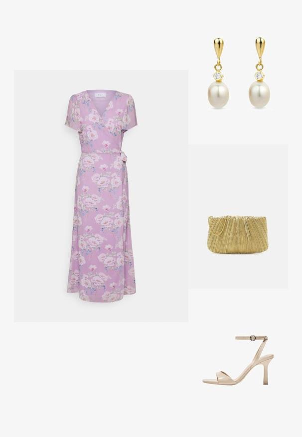 VILA VIINGRID ANCLE WRAP DRESS - Denné šaty - pastel lilacaop; Nude lakované sandále na vysokom podpätku s tenkým remienkom okolo členka a obručovým prackom, otvorenou špičkou a štíhlym stiletto podpätkom.; Loeffler Randall BRIT PLEATED FLAT - Listová kabelka - gold-coloured; Zlaté náušnice v tvare kvapky s bielymi perlami a malými priehľadnými drahokamami nad každou perlou, zobrazené na bielom pozadí.