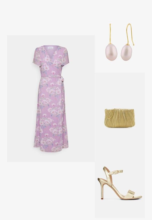 VILA VIINGRID ANCLE WRAP DRESS - Hverdagskjole - pastel lilacaop; Guldmetallic, strop-sandale med høj hæl og spænde-lukning, åben tå og glat overflade. Har en slank, spids hæl.; Loeffler Randall BRIT PLEATED FLAT - Clutches - gold-coloured; Guld krogekrogeøreringe med glatte, aflange rosa perler med en subtil glans og en rund form, monteret på en tynd trådkrog.