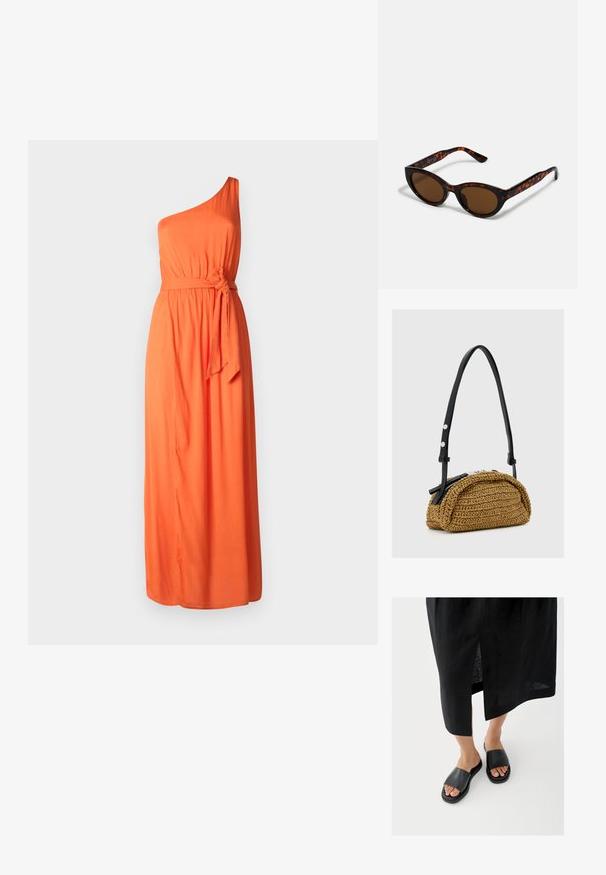 Robe maxi orange à une épaule, faite d'un tissu léger, avec une taille ceinturée et un design fluide. Texture lisse et couleur unie.; Sandales à enfiler noires avec une large bride, une semelle plate et un design minimaliste. Le matériau semble lisse avec une finition mate.; Lunettes de soleil en écaille de tortue marron avec une forme vintage de lunettes cat-eye et des verres marron. Présente des branches courbées avec des accents rouges.; Petit sac à main tressé couleur fauve avec forme incurvée, bandoulière en cuir noir réglable et fermeture éclair argentée.