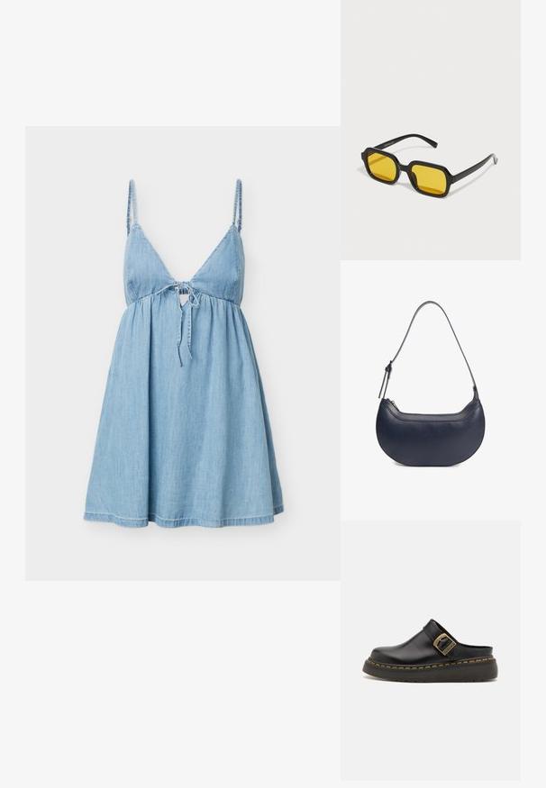 Robe en denim bleu clair sans manches avec fines bretelles et détail noué à l'avant, dotée d'un corsage ajusté et d'une jupe évasée.; Mule en cuir noir avec une large bride et un détail de boucle en laiton. Dispose d'une semelle en caoutchouc texturée avec des accents de couture jaunes.; Lunettes de soleil rectangulaires noires avec des verres jaunes. Les caractéristiques incluent des montures épaisses et un design anguleux avec une finition lisse et brillante.; Sac à main en cuir bleu marine en forme de croissant avec une bandoulière réglable et une fermeture éclair sur le dessus.