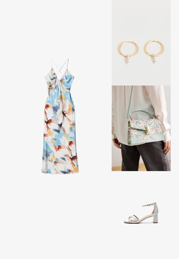 Robe longue sans manches avec fines bretelles croisées, décolleté en V et motif floral abstrait aquarelle dans des tons bleus, orange, blanc et vert.; Sandales blanches en cuir avec un talon carré et une bride à la cheville ; elles présentent des bandes croisées à l'avant et un design lisse et épuré.; Sac à main à motifs floraux en vert menthe, avec une forme structurée, des accessoires en or et une poignée supérieure. Le design présente des fleurs roses et des feuilles vertes.; Boucles d'oreilles créoles en or avec de petits pendentifs rectangulaires argentés verticaux, présentées sur fond blanc.