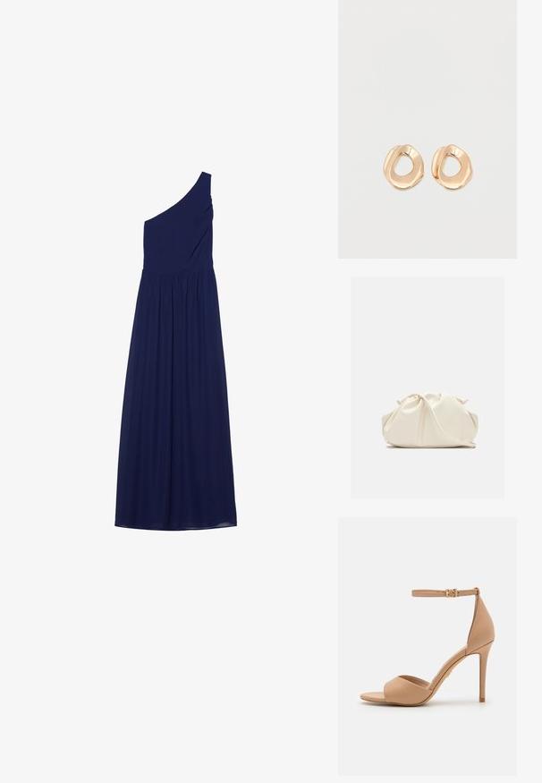 Marineblauwe een-schouderjurk, gemaakt van vloeiende stof. Heeft gedrapeerde details bij het lijfje en een geplisseerde rok, wat een klassieke silhouet biedt.; ALDO CRERIDE PILLOW WALK - Sandalen - beige; Zachte, crèmekleurige leren clutch met geplooid, gerimpeld ontwerp en een dunne schouderriem die vooraan op een effen achtergrond ligt.; Set van onregelmatig gevormde, gepolijste hoepel oorbellen van goudkleurig metaal met een open midden op een effen witte achtergrond.