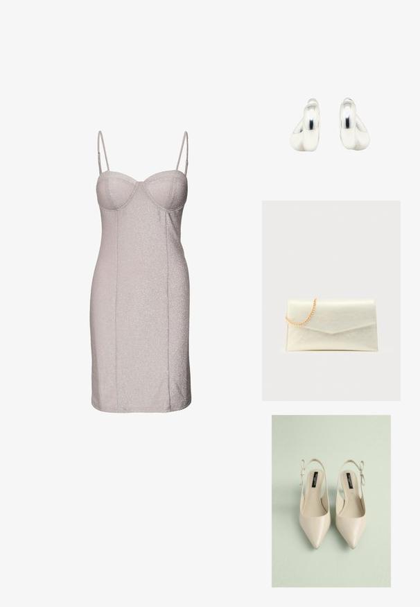 SOMETHINGNEW VENUS MINI DRESS - Jerseykjole - lilac snow; Beige spidse slingback-sko med en glat læderfinish, der har en sløjfedetalje på hælen og et åbent bagdesign.; Rektangulær kuvertclutch i cremefarve med en guldkæde, der er lagt over øverste venstre hjørne på en ensfarvet baggrund.; Par af glatte, polerede sølvøreringe i hulringsdesign med en tyk, rund og tubulær form, vist mod en ensfarvet hvid baggrund.
