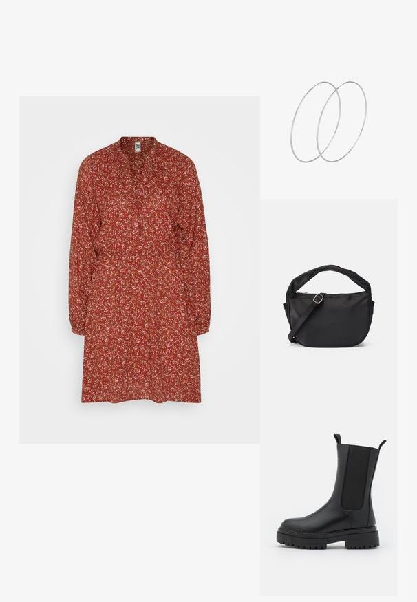 JDY JDYCANA SHORT DRESS - Hverdagskjole - burnt brick; RAID CHERISH - Plateaustøvler - black; Sort stof skuldertaske med et snoet håndtag, en aftagelig rem og en lynlåslukning i toppen. Glat tekstur og minimalistisk design.; Sølvøreringe med et minimalistisk design. Cirkulær form, glat tekstur og tynd profil. Letvægtige med en poleret overflade.