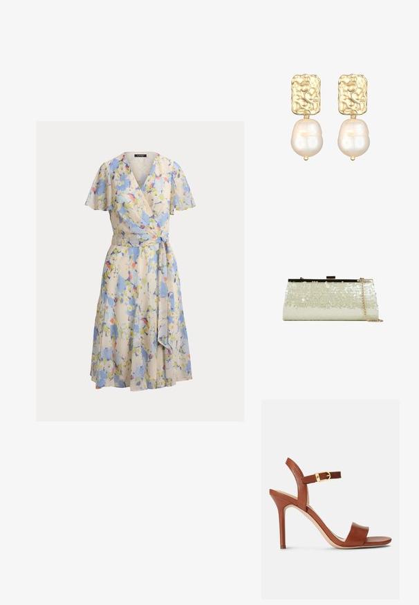 Vestido cruzado floral de tela ligera con escote en V, mangas cortas con vuelo y cinturón de lazo. Predominantemente azul con detalles en amarillo y rosa.; Sandal de tacón alto de cuero marrón con un diseño elegante, correa ajustable en el tobillo y un sutil acento de hebilla dorada. De punta abierta y textura suave.; Bolso de mano con lentejuelas blancas relucientes, estructura metálica en tono dorado y una correa de cadena colgada a un lado, sobre un fondo blanco.; Pendientes en tono dorado que cuentan con una parte superior rectangular texturizada y una gran perla blanca de forma irregular colgando por debajo.