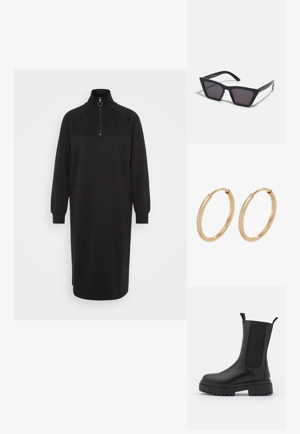 Vero Moda VMKAT ZIP CALF DRESS - Jurk - black; RAID CHERISH - Plateaulaarzen - black; Zwarte, hoekige zonnebril met grijze lenzen; gemaakt van plastic, met dikke armen met een gladde oppervlakte en zonder zichtbare hardware.; Gouden creolen met een gladde, gepolijste afwerking. Ronde vorm, middelgrote maat, met een veilige sluitmechanisme.