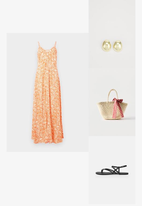 Robe maxi orange avec un motif abstrait de vagues blanches, dotée de fines bretelles réglables, d'une fermeture par boutons à l'avant et d'une silhouette fluide.; Sandale plate noire avec fines brides, boucle réglable à la cheville et bride pour l’orteil sur un fond gris clair uni.; Sac cabas en paille tissée avec des poignées tressées et un ruban à carreaux rouge et blanc noué en un nœud d'un côté.; Boucles d'oreilles en métal doré avec une forme lisse et arrondie et une finition polie. Design simple sans embellissements supplémentaires.
