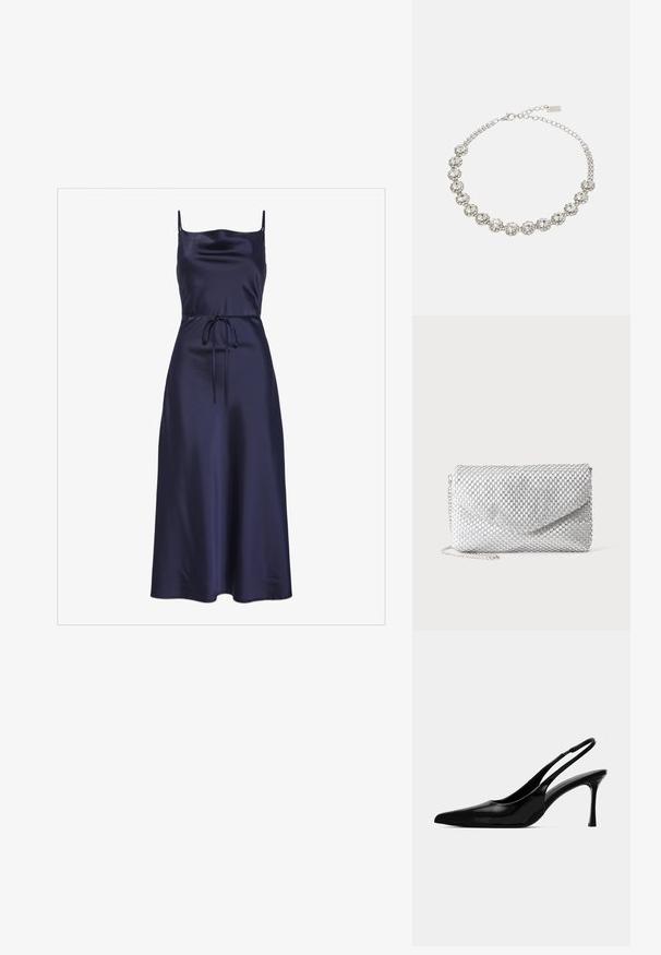 Navy satijnen jurk met dunne bandjes, een getailleerde taille, een tailleband en een vloeiende A-lijn rok, met een gladde en glanzende textuur.; Zwarte gepatineerde leren slingback hak met een spitse teen, slank ontwerp en een smalle stiletto hak. Gladde textuur, minimale versieringen.; Zilveren mesh avondclutch met envelopklep en dunne kettingriem op effen witte achtergrond.; sweet deluxe NECKLACE CAROLIN - Ketting - silver-coloured