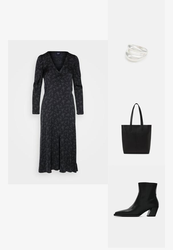 GAP PUFF MIDI - Cocktailkleid/festliches Kleid - black/multi; Schwarze Leder-Stiefelette mit spitzem Zeh, schlanker Silhouette und klobigem quadratischem Absatz. Glatte Textur mit minimalen Nähdetails.; Schwarze Einkaufstasche aus strukturiertem Material, mit zwei langen Tragegriffen und einem einfachen, minimalistischen Design ohne sichtbare Beschläge.; Silberner Doppelring mit einer glatten, polierten Oberfläche. Verfügt über ein fließendes, kurviges Design mit überlappenden Abschnitten für einen modernen Look.