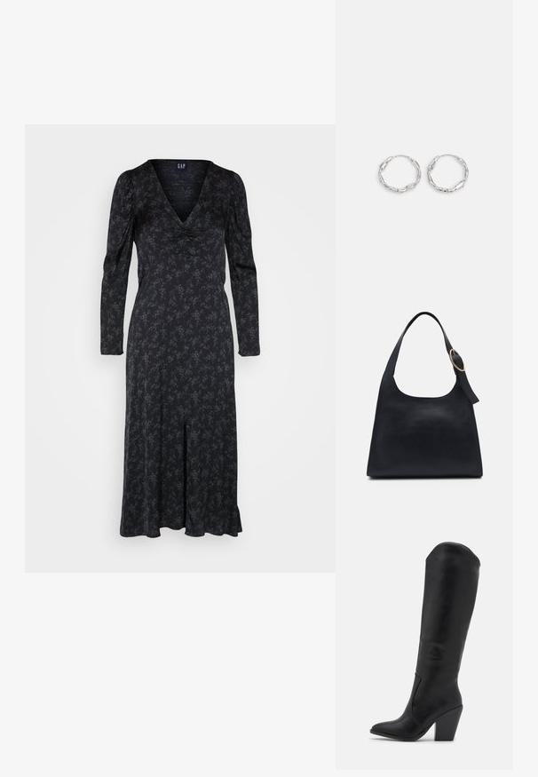 GAP PUFF MIDI - Koktailové šaty/večierkové šaty - black/multi; RAID LAKELYN - Topánky na vysokom opätku - black; Čierna kožená taška cez rameno s hladkou textúrou, okrúhlym telom a jedným ramenným popruhom zdobeným okrúhlou zlatou kovovou dekoráciou.; Strieborné kruhové náušnice s vlnitou, nepravidelnou textúrou. Majú tenký, kruhový tvar a reflektujúci povrch.