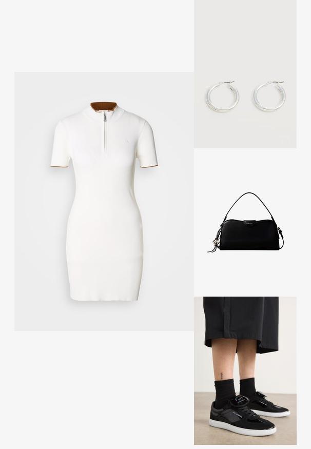 Vestido blanco acanalado con mangas cortas, un cuello alto y una cremallera frontal. Detallado con un cuello acanalado marrón.; Zapatillas negras con materiales de ante y charol, con una suela blanca, diseño de cordones y un acento de lengua de marca.; Bolso rectangular negro de Calvin Klein con una única correa superior, dije con el logo plateado y un pequeño cierre de solapa en la parte frontal.; Par de pendientes de aro plateados brillantes de tamaño mediano con cierres metálicos finos sobre un fondo neutro claro.