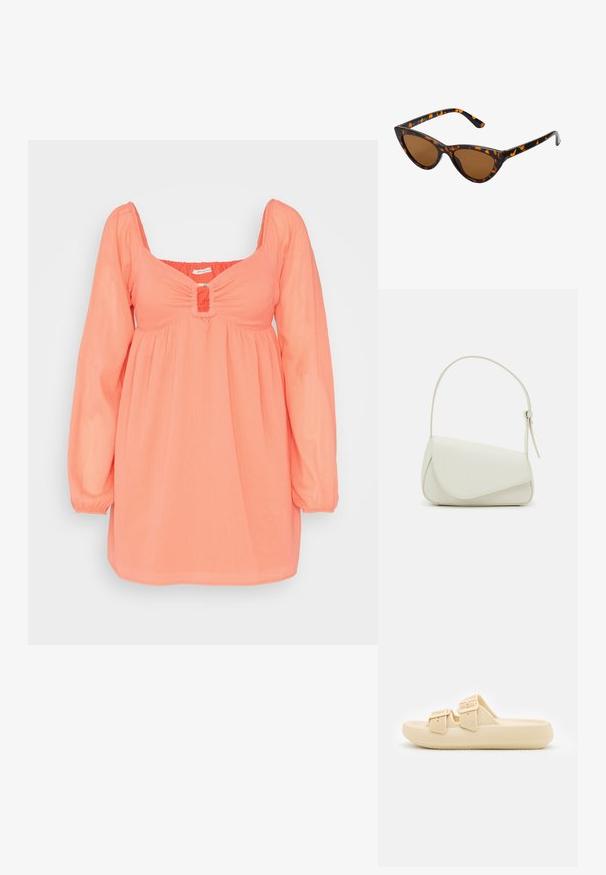 American Eagle RING FRONT BABYDOLL - Hverdagskjole - coral; Beige slip-on sandal med tekstureret overdel, justerbare spænder og en tyk, polstret sål. Letvægtsdesign velegnet til afslappet brug.; Kat-ejede solbriller med en sort og orange skildpaddemønstret stel, brune linser og slanke, spidse ender. Har et minimalistisk logo på skabelsen.; Hvid taske i faux læder med en struktureret trekantet form, enkelt justerbart skulderstrop og en flaplås med kurver.