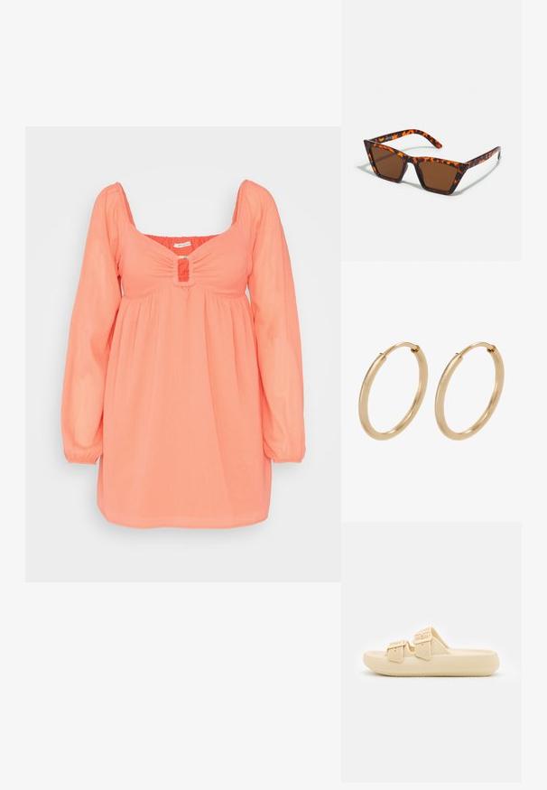 American Eagle RING FRONT BABYDOLL - Vestido informal - coral; Sandalia beige tipo slip-on con parte superior texturizada, correas ajustables con hebilla y una suela gruesa y acolchada. Diseño liviano adecuado para uso casual.; Gafas de sol con tonalidades marrones y un patrón de carey, de montura angular y brazos delgados. Material plástico ligero.; Pendientes de aro de oro con un acabado suave y pulido. Forma redondeada, tamaño mediano, con un mecanismo de cierre seguro.
