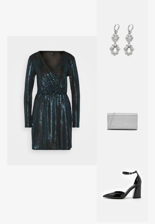ONLY ONLDANA MIRROR WRAP DRESS - Cocktailkjole / festkjole - black; Sorte patenterede læder høje hæle med spids tå, ankelrem og bred blokhæle for stabilitet, med en glat og skinnende overflade.; Sølvmetallic clutchtaske med vævet netdesign, rektangulær form og en kædestrop til at bære. Glat tekstur og poleret finish.; Sølvfarvede øreringe med flere klare krystalgemstones i dråbe- og marquiseformer, med låse med bøjlestik og detaljeret udsmykning.