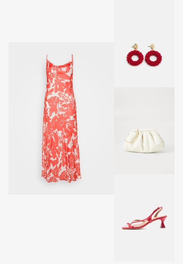 Robe longue fleurie avec bretelles spaghetti, arborant un motif corail et blanc vibrant. Tissu léger et fluide avec une texture douce.; Sandale à bride arrière en cuir rouge avec talon bas évasé, bout carré, fines lanières et fermeture à boucle ajustable sur fond clair.; Sac à main en cuir blanc avec un design plissé, doté d'une bandoulière en chaîne dorée et d'une forme arrondie. Texture lisse avec des plis doux et sans motifs.; Boucles d'oreilles en forme de créoles avec des perles rouges, dotées d'une surface texturée et d'un fermoir en métal doré. Forme circulaire avec un centre ouvert et des détails en perles arrondies.